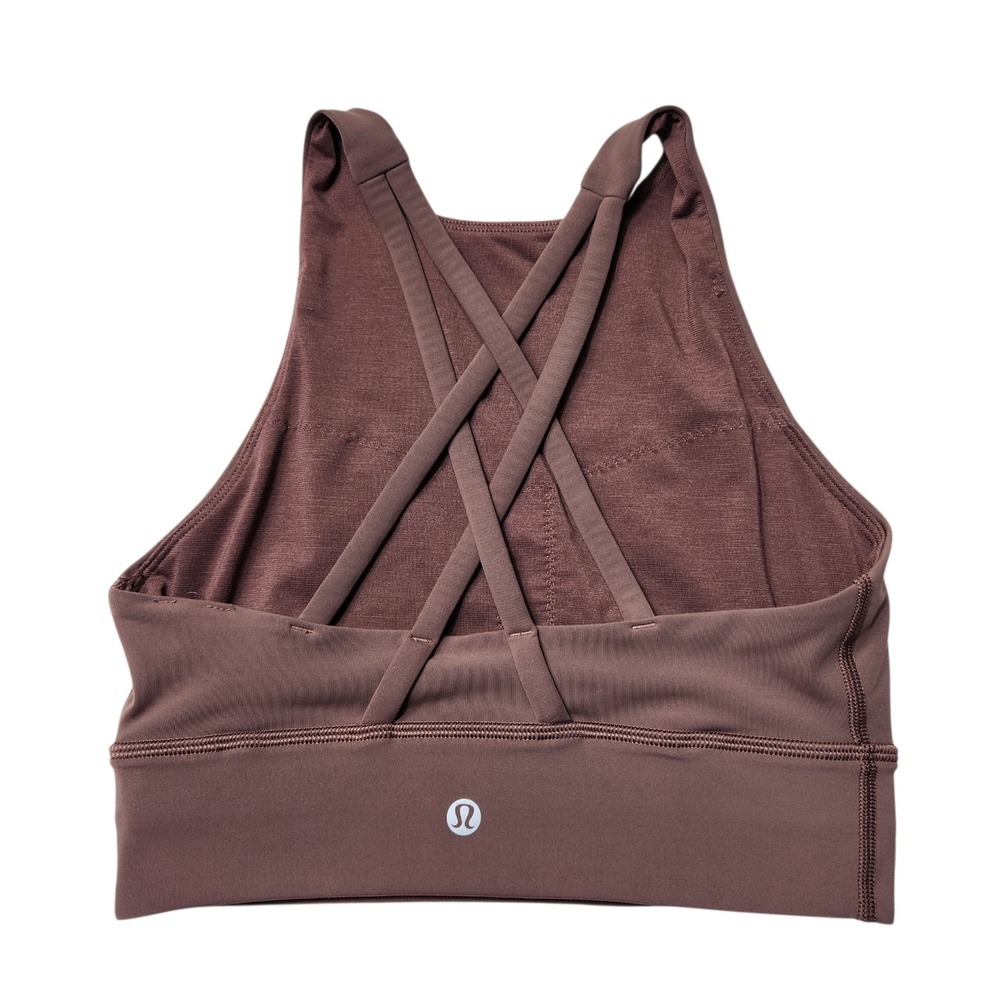 Lululemon Energy Bra Size 4 High Neck Long Line Carob Brown Strappy No Pads - Picture 2 of 5